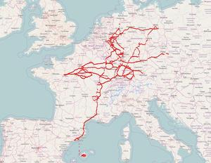 © Fraunhofer ISE (Kartendaten OpenStreetMap, Karte GPS Visualizer)Handelsübliche Routen der 40t Kühlauflieger in  Europa ein halbes Jahr lang wurden reale Einstrahlungsdaten gemessen und ausgewertet.