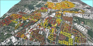 © AIT/ 3D-Visualisierung des berechneten jährlichen flächenspezifischen (Gesamtprimär)energiebedarfs für alle Wohngebäude in Meidling. Die Farben entsprechen den vorgesehenen Energie-Klassen.