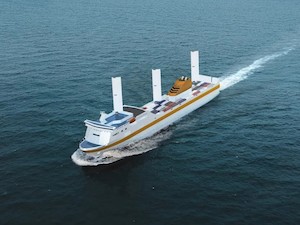 © computedwingsail.com / Abbildung eines windbetriebenen Schiffes. Seine Flügelsegel sind eines der Designs, mit denen Windkraft für große Schiffe nutzbar gemacht werden kann.
