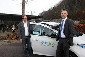 © Caruso Carsharing eGen / Startschuss für  Caruso Carsharing: Landesrat Johannes Rauch (li.) und Dr. Christian Hillbrand, GF Verkehrsverbund Vorarlberg (re.)