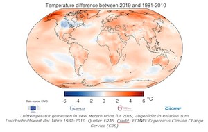© ERA5 / ECMWF Copernicus Climate Change Service (C3S) - Lufttemperatur gemessen in zwei Metern Höhe für 2019, abgebildet in Relation zum Durchschnittswert der Jahre 1981-2010.