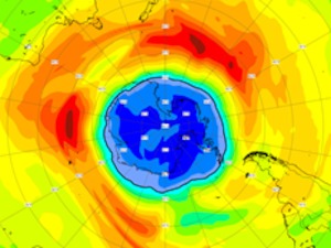 © Copernicus / CAMS Ozonvorhersagen für den 14. September zeigen niedrige Werte (unter 220 Dobson Einheiten) über fast dem gesamten antarktischen Kontinent.