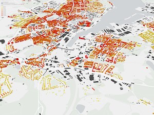 © Uni Kiel auf Datenbasis der Stadt Kiel/Blick auf Kieler Hörn und  3-D-Gebäudemodell der Stadt. Rote Bereiche zeigen besonders hohen Energiebedarf.