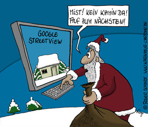 © www.karikatur-cartoon.de/Roger Schmidt- wie der Weihnachtsmann in Zukunft bei Passiväusern wohl einen Kamin finden soll ;-))